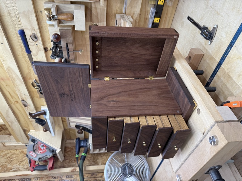 Walnut Jewelry Cabinet: Side door swung open