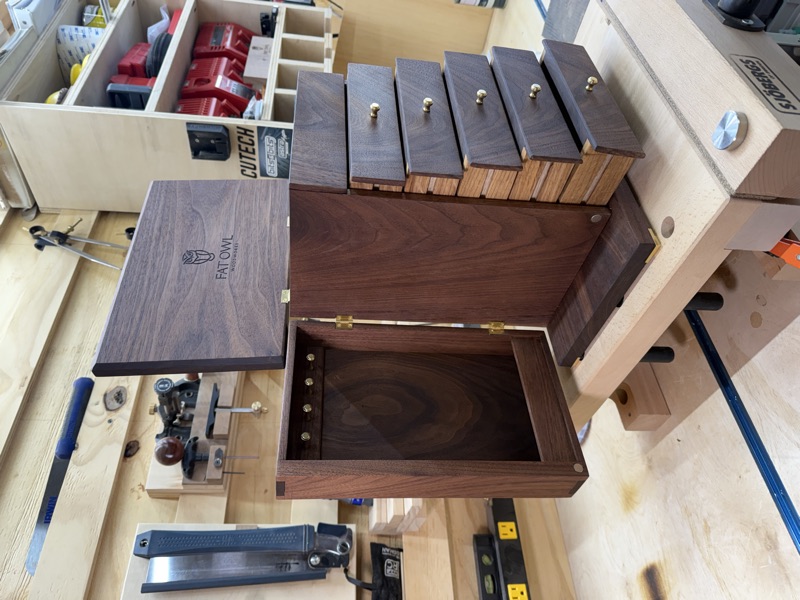 Walnut Jewelry Cabinet: Side door swung open, from the other side