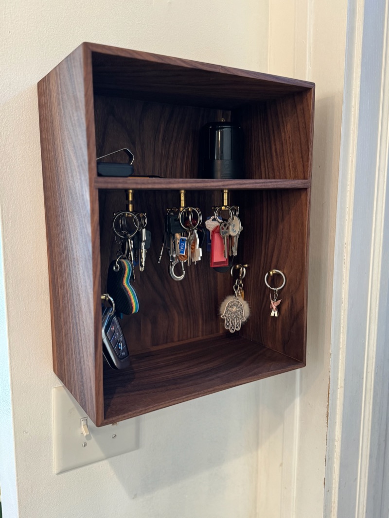 Walnut Key Cabinet: Brass hooks along the back and sides